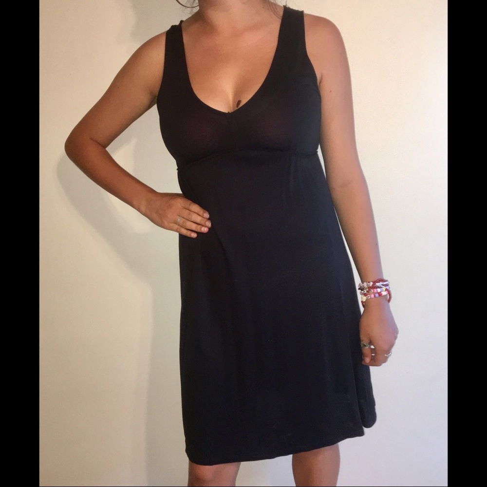 knee-length black Mudd dress with lacy black